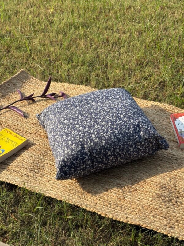 Upcycled Blue with White floral pattern Cushion | 16 x 16 inches | Sustainable Style & Comfort