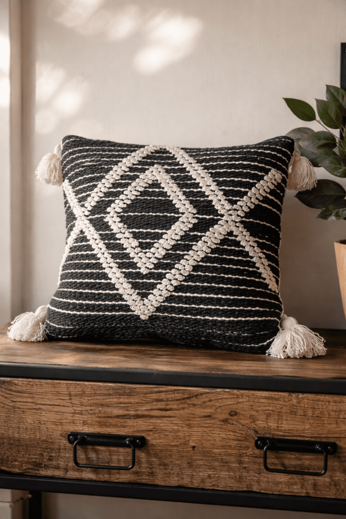 Sustainable designer cushion by Respun in black and ivory geometric weave, 18 x 18 inches with filler, styled on a rustic wooden console.