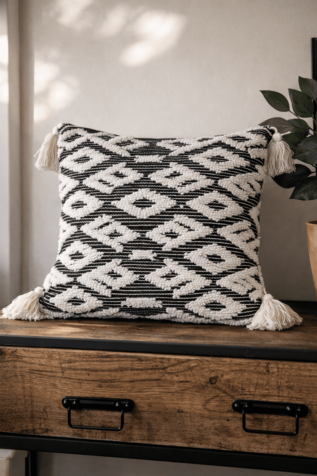 Sustainable designer cushion by Respun in black and ivory geometric weave, 18 x 18 inches with filler, styled on a rustic wooden console.