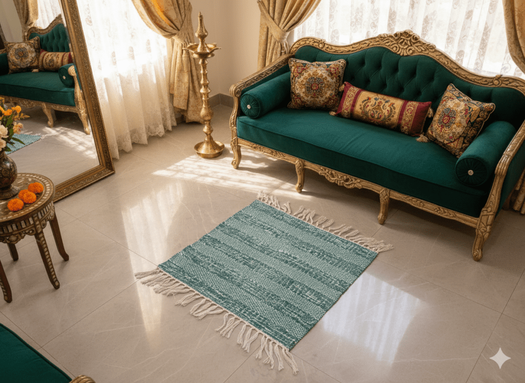 Handwoven sustainable floor mat by Respun made from recycled textiles, placed next to a bedside sofa, suitable for floor seating, bedside use, and decorative home decor.