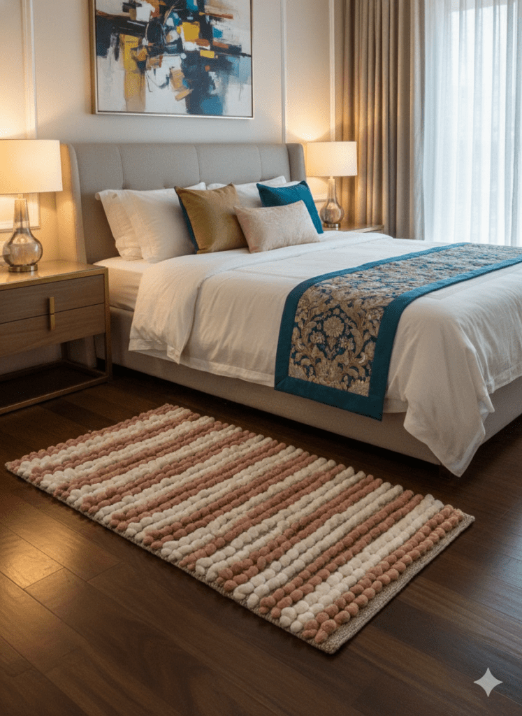 Ultra soft sustainable loop bedside runner by Respun placed next to a modern bed, 30 x 20 inches, designed for comfort underfoot and bedroom decor.