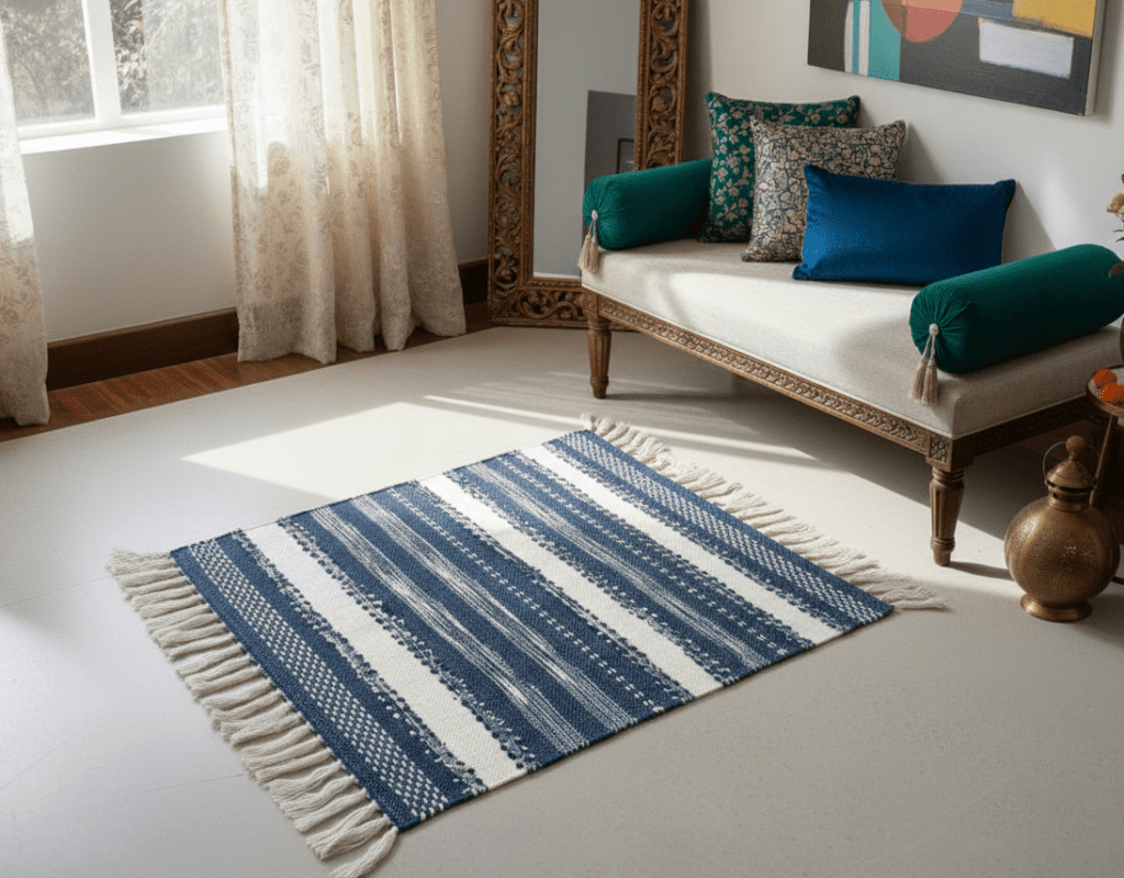 Handwoven sustainable floor mat by Respun made from recycled textiles, placed next to a bedside sofa, suitable for floor seating, bedside use, and decorative home decor.