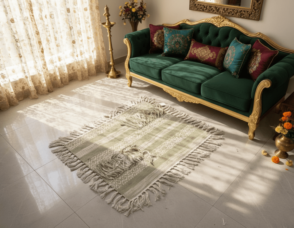 Handwoven sustainable floor mat by Respun made from recycled textiles, placed next to a bedside sofa, suitable for floor seating, bedside use, and decorative home decor.