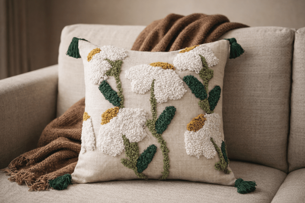 Handcrafted sustainable decorative cushion cover with textured botanical design placed on a neutral sofa in a modern earthy interior