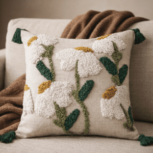 Handcrafted sustainable decorative cushion cover with textured botanical design placed on a neutral sofa in a modern earthy interior