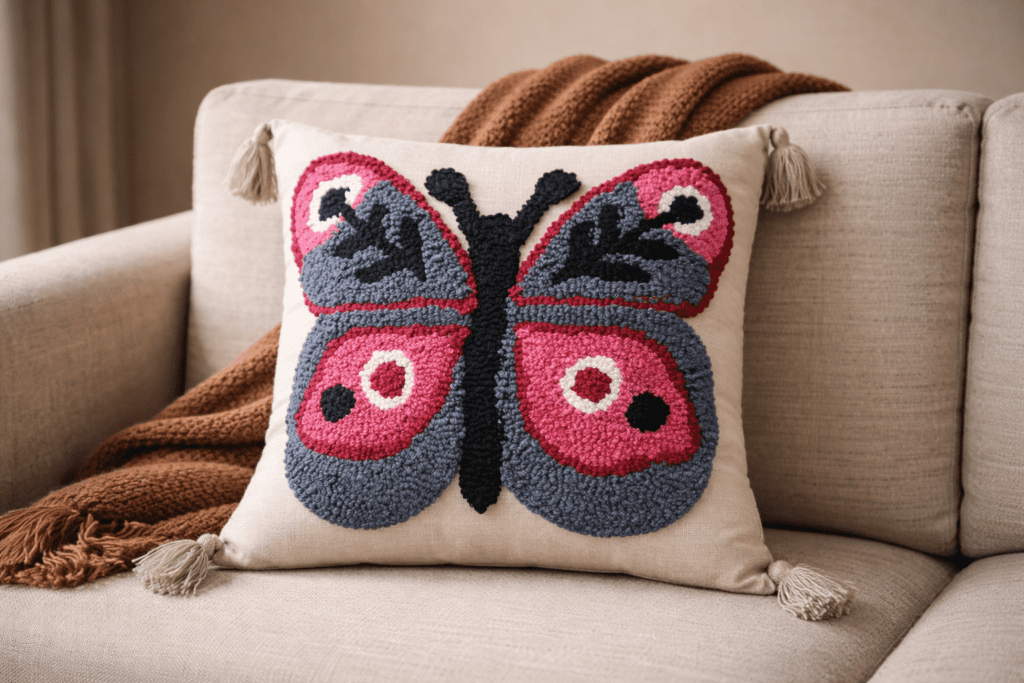 Handcrafted sustainable decorative cushion cover with textured botanical design placed on a neutral sofa in a modern earthy interior