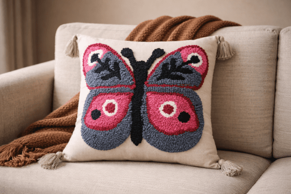 Handcrafted sustainable decorative cushion cover with textured botanical design placed on a neutral sofa in a modern earthy interior