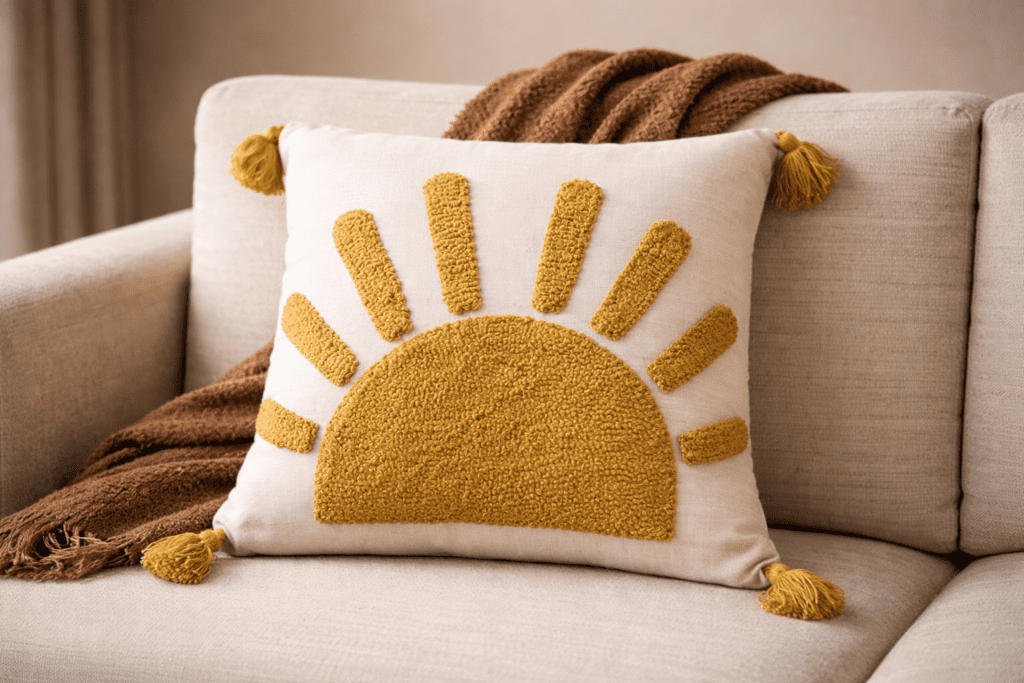 Handcrafted sustainable decorative cushion cover with textured botanical design placed on a neutral sofa in a modern earthy interior