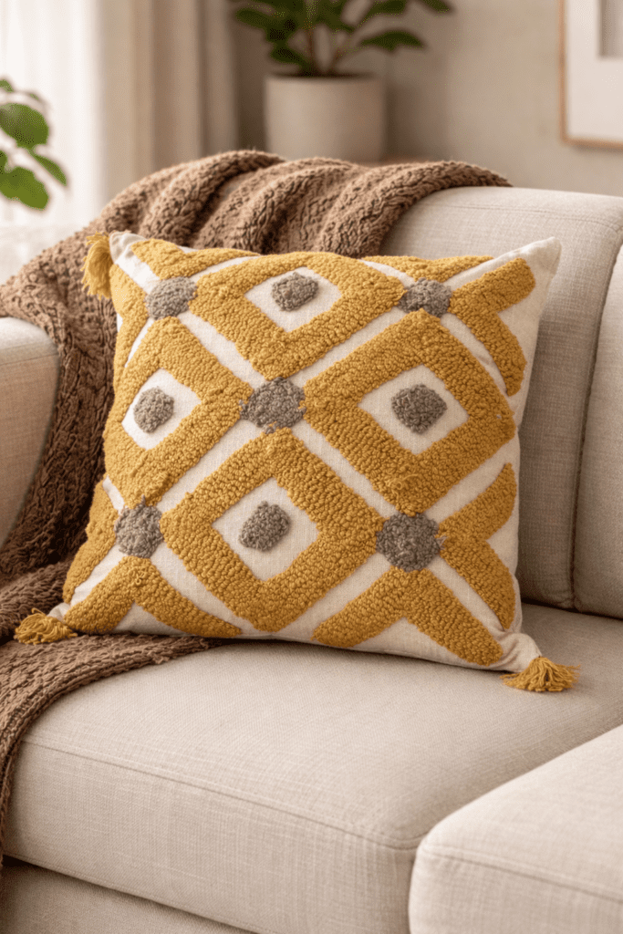 Handcrafted sustainable decorative cushion cover with textured botanical design placed on a neutral sofa in a modern earthy interior