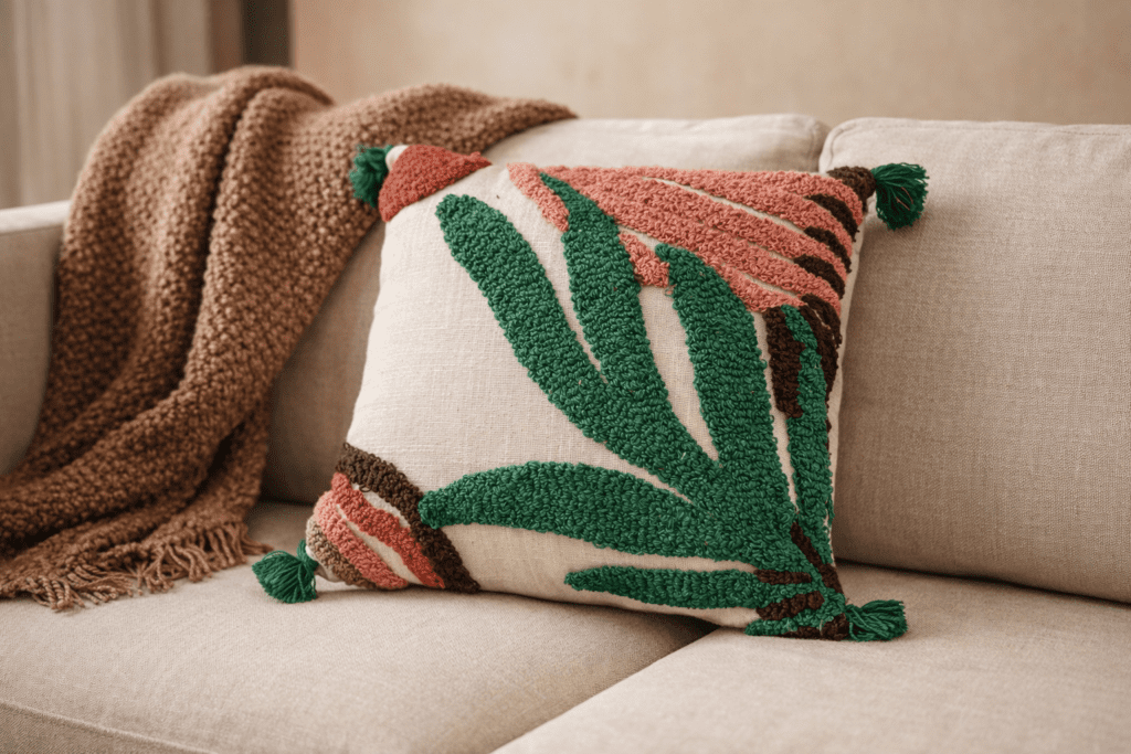 Handcrafted sustainable decorative cushion cover with textured botanical design placed on a neutral sofa in a modern earthy interior