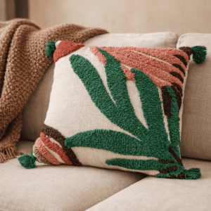 Handcrafted sustainable decorative cushion cover with textured botanical design placed on a neutral sofa in a modern earthy interior