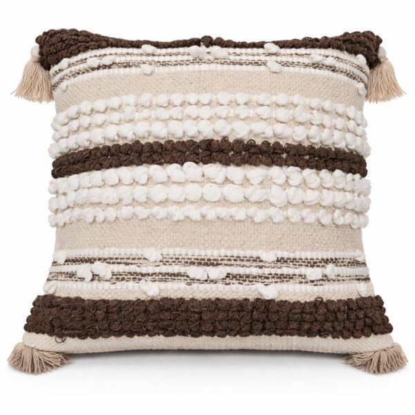 Boho cotton cushion cover by Respun with textured woven patterns, tassels, and neutral tones, size 16 x 16 inches
