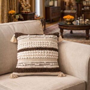 Boho cotton cushion cover by Respun with textured woven patterns, tassels, and neutral tones, size 16 x 16 inches