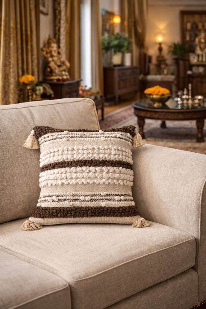 Boho cotton cushion cover by Respun with textured woven patterns, tassels, and neutral tones, size 16 x 16 inches