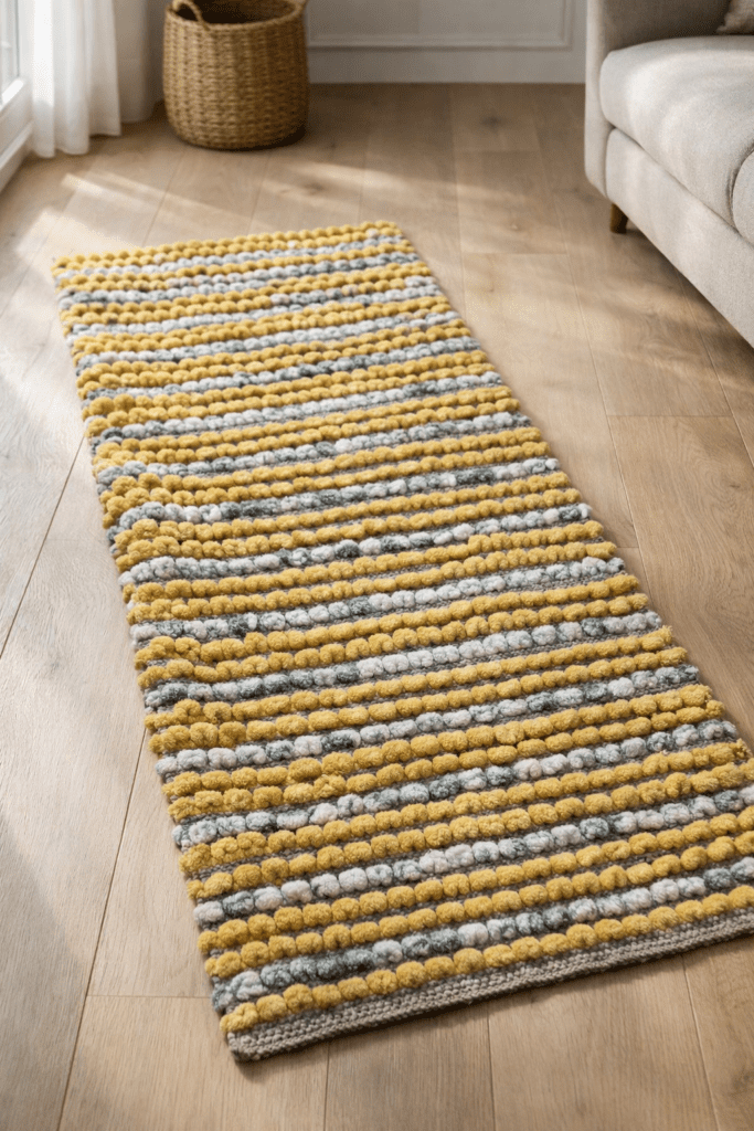 Ultra soft sustainable loop bedside runner by Respun placed next to a modern bed, 30 x 20 inches, designed for comfort underfoot and bedroom decor.