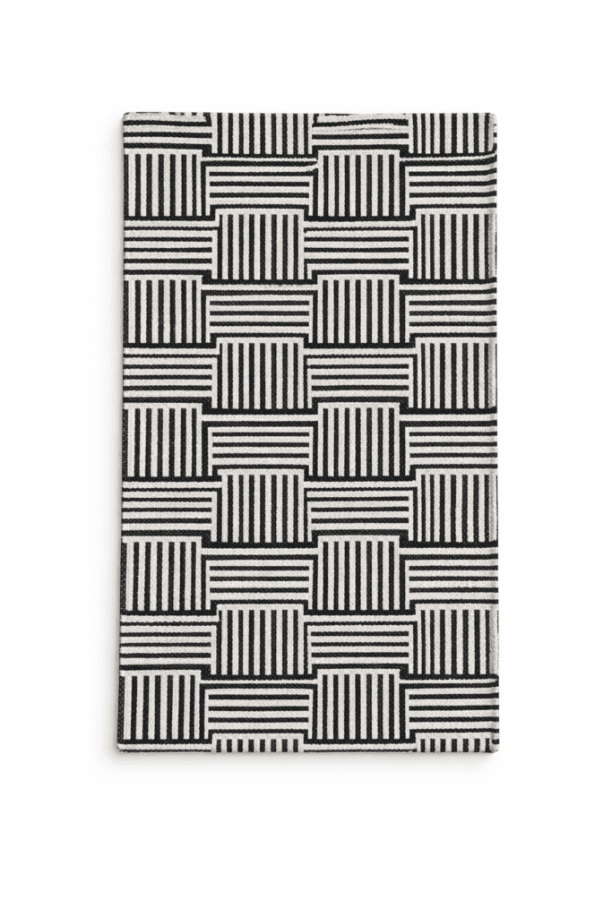 Handwoven black and grey geometric cotton floor mat for indoor use by Respun