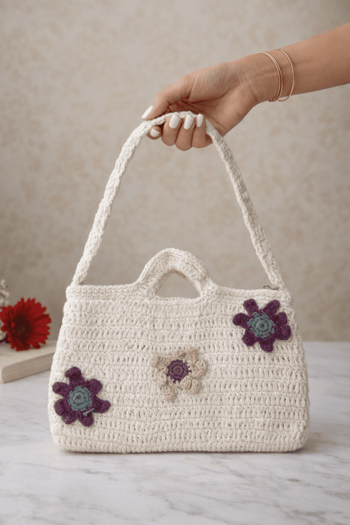 Ivory crochet handbag with floral accents
