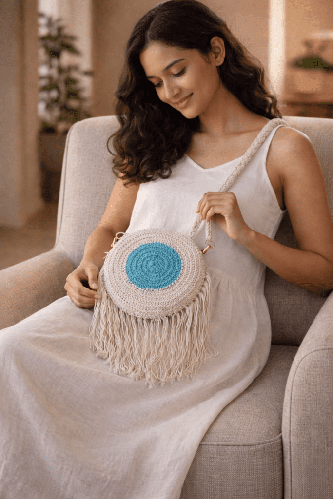 Circular crochet sling bag with teal woven center and fringe