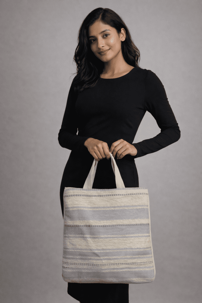 Sustainable woven tote bag by Respun with sturdy handles and secure zip closure