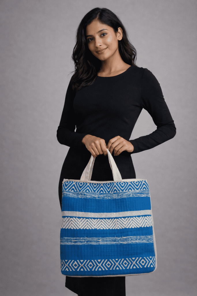 Sustainable woven tote bag by Respun with sturdy handles and secure zip closure