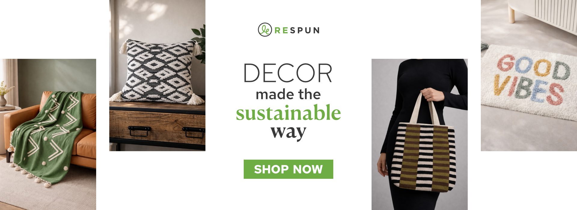 Respun shop banner titled "decor made the sustainable way" with pictures of home decor products like cushion, sofa throw, doormat and tote bag.