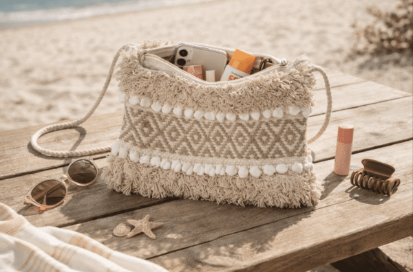 Boho sustainable cotton sling bag by Respun in natural beige tones with woven texture and fringe detailing, 9 x 11 inches