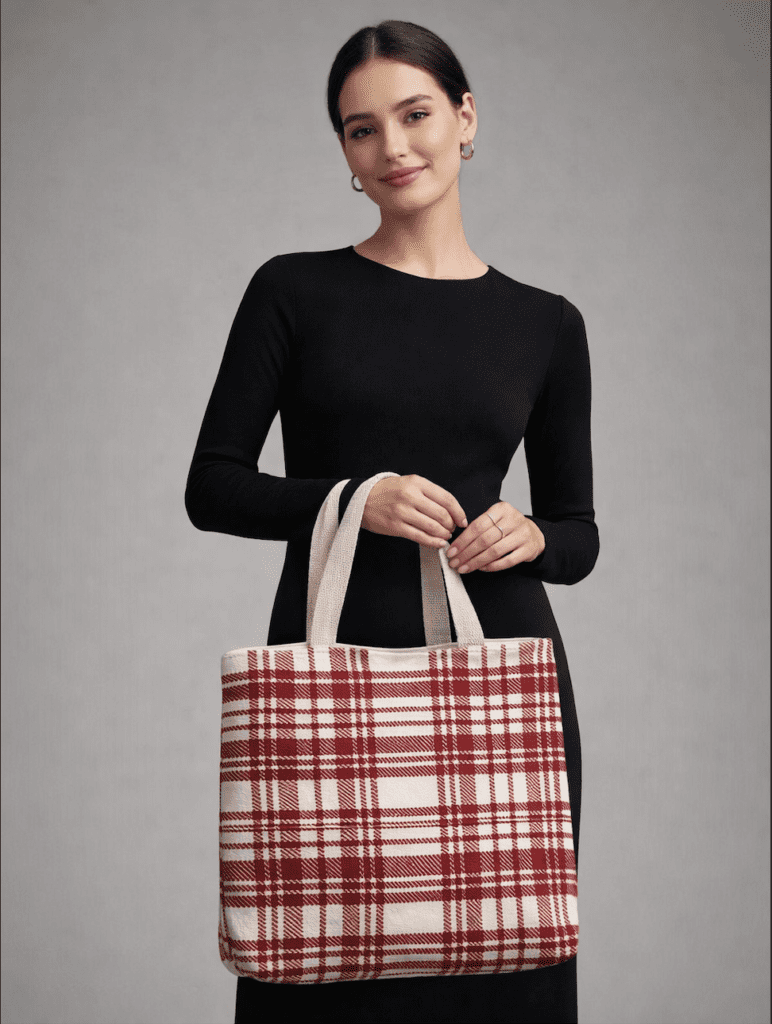 Upcycled tote bag made from recycled fabric, sturdy and spacious, suitable for college, shopping, and everyday use