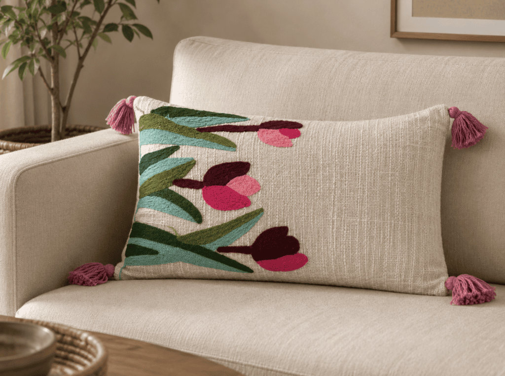 12 x 20 inch rectangular decorative cushion cover by Respun styled on a sofa