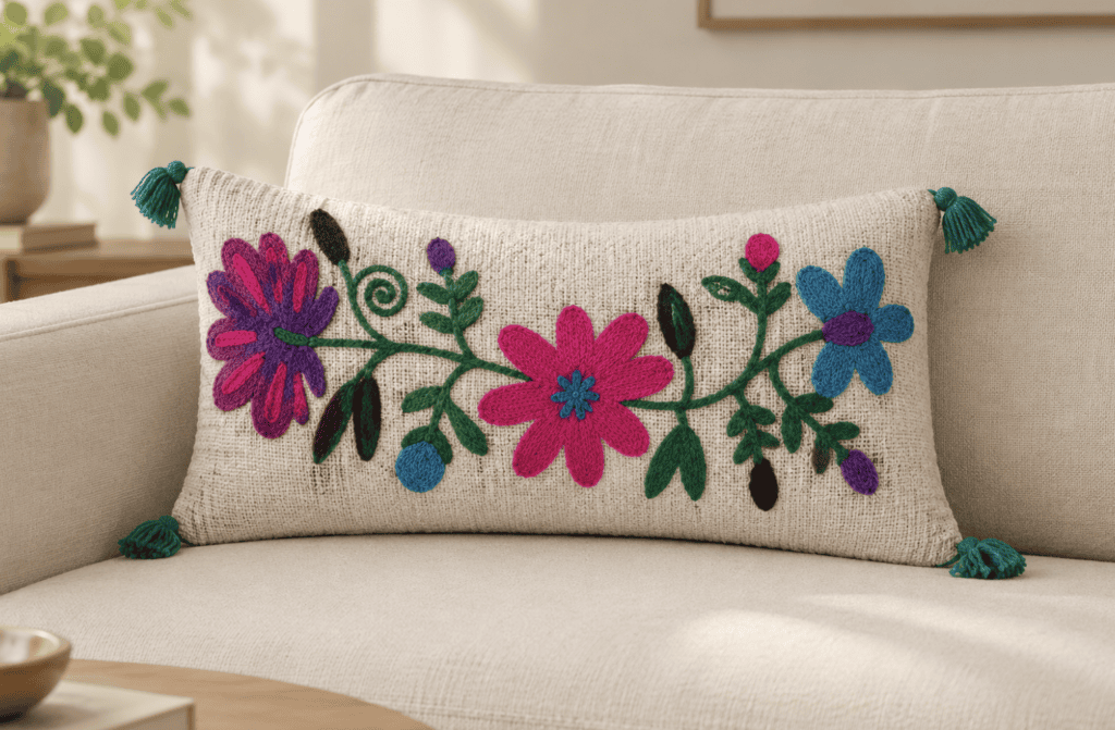 12 x 20 inch rectangular decorative cushion cover by Respun styled on a sofa