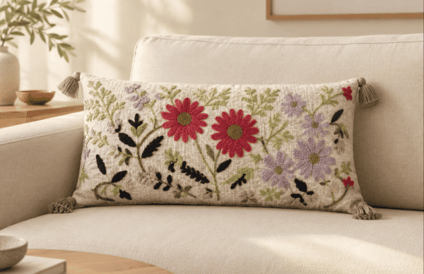 12 x 20 inch rectangular decorative cushion cover by Respun styled on a sofa
